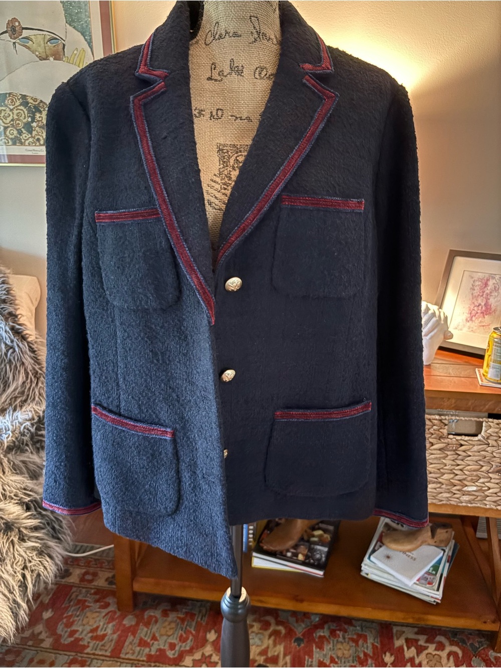 Talbots blazer. Blue with deep red trim.